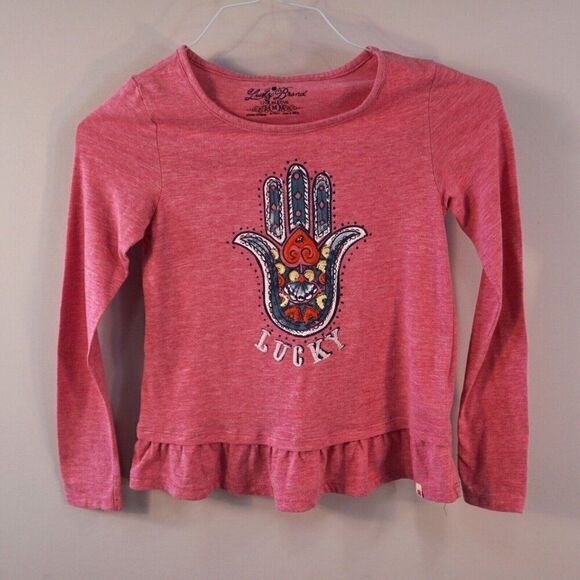 Lucky Brand Girls Top Sz M Pink Embroidered Hamsa Hand Long Sleeve Peplum Tee - Picture 1 of 7